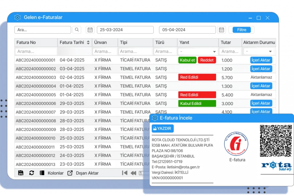 Rota e-Fatura programı ekran görüntüsü, dijital fatura yönetim Ekranı